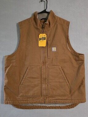 NWT Carhartt Mens Brown Washed Duck Sherpa Lined Loose Fit Vest 104277 Size XL